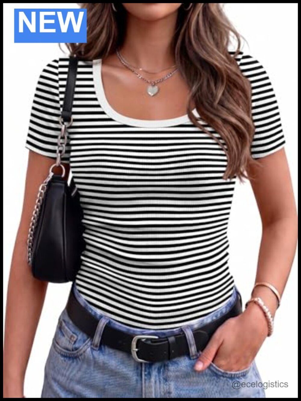 Scoop Neck Ribbed Knit Short Sleeve T-Shirt Fitted Casual Work Top